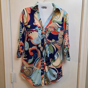 Venini Womens Small Paisley Floral 3/4 Sleeve Button Up Shirt Rhinestone Top